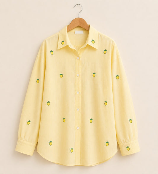 Butter Yellow Lemon Embroidered Cotton Shirt for Women | ZK Fitss