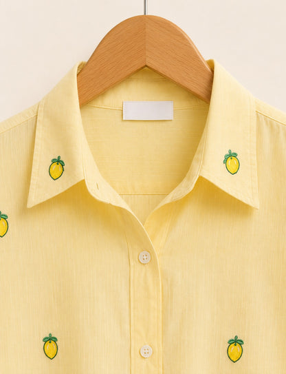 Butter Yellow Lemon Embroidered Cotton Shirt for Women | ZK Fitss