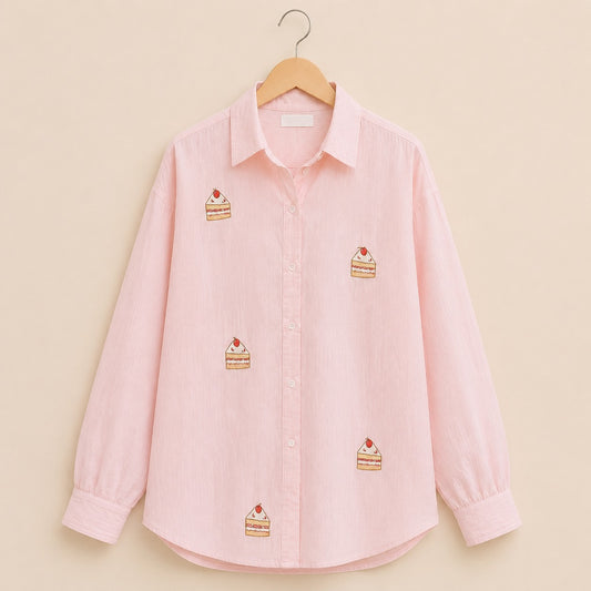 Baby Pink Cake Embroidered Cotton Shirt for Women | ZK Fitss
