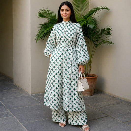 Pakistan White Crescent Print 2 Piece Cotton Suit for Women | ZK Fitss