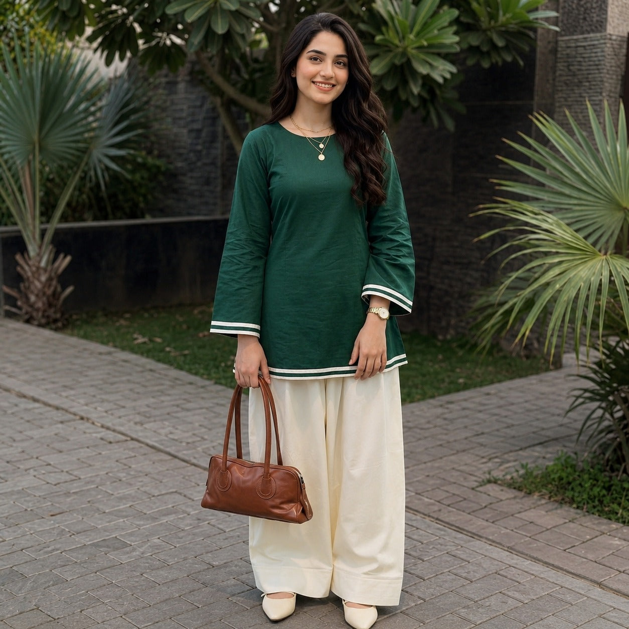 Pakistan Green 2 Piece Cotton Suit with Contrast Trim for Women | ZK Fitss