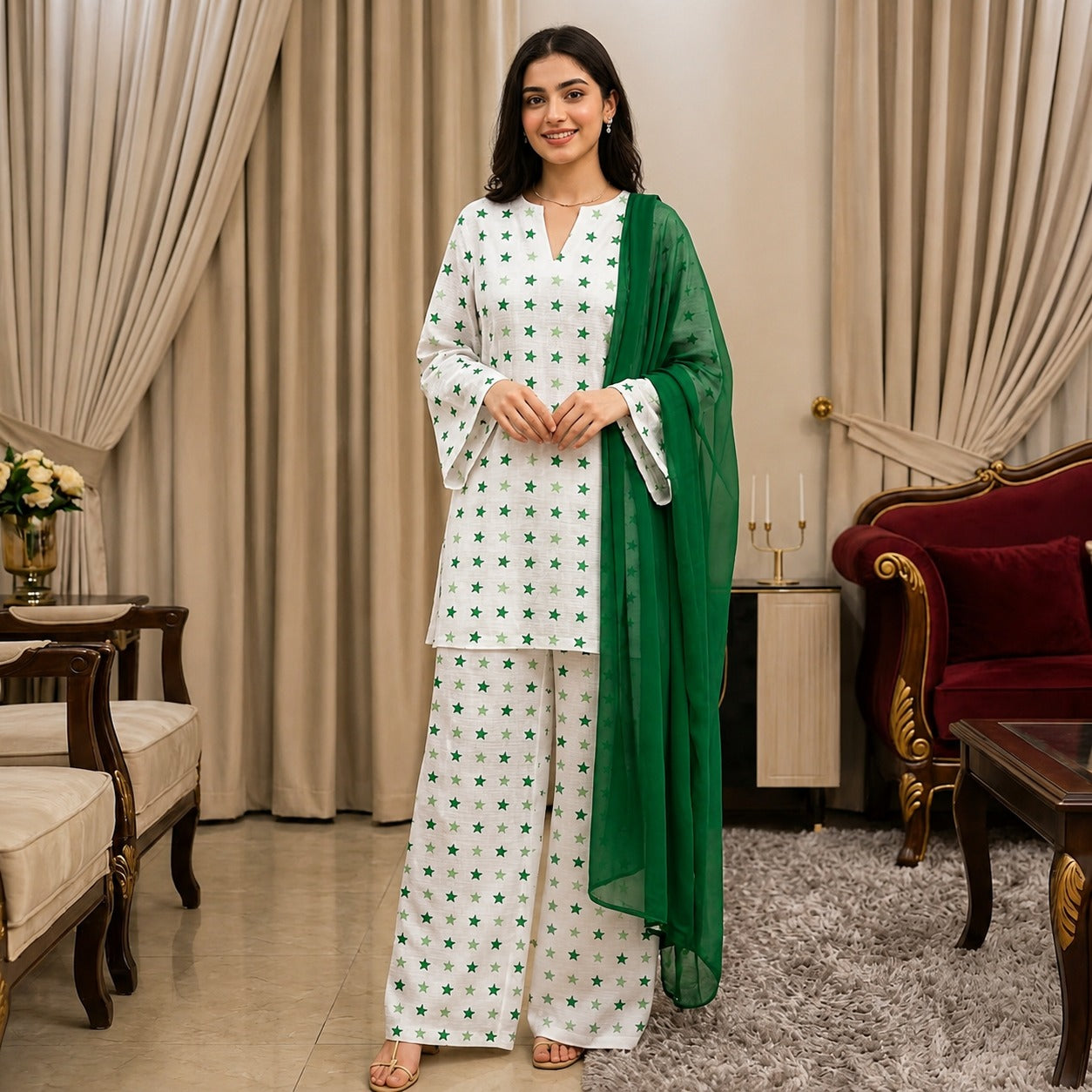 Pakistan White Star Print 3 Piece Cotton Suit for Women | ZK Fitss