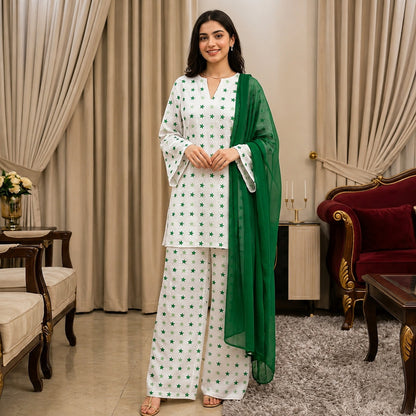 Pakistan White Star Print 3 Piece Cotton Suit for Women | ZK Fitss