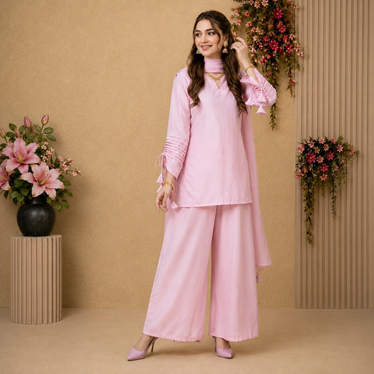 Blush Pink Cotton Palazzo Set with Crinkle Dupatta