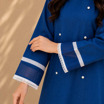 Royal Blue Cotton Kurta with White Wide Leg Trousers