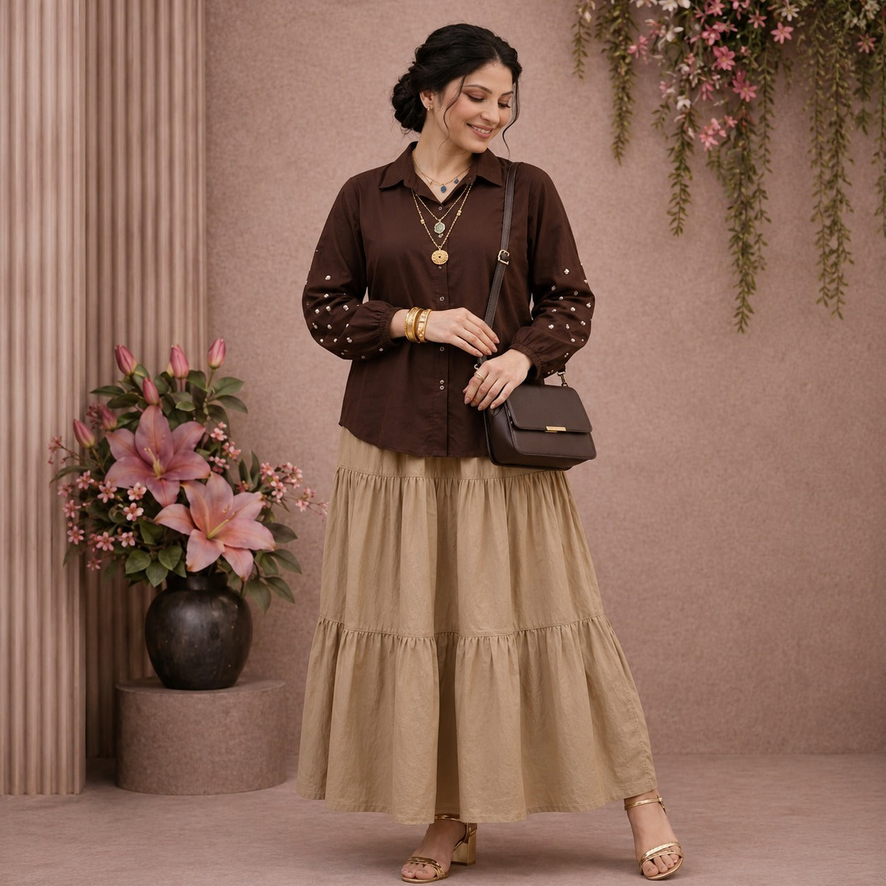 Earthy Blossom Tiered Maxi Skirt